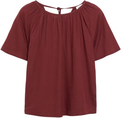 Vrouwelijke Blouse met Korte Mouwen van Gemengd Linnen met Rimpeling en Versierd met een Strik s.Oliver