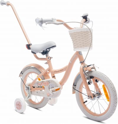 Flower Bike Fiets voor een meisje van 3 tot 5 jaar, 14 inch Abrikoos, met fietsbel, zijwieltjes, duwstang en stuurmandje