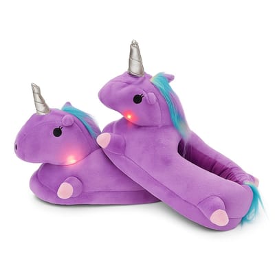 Grappige Pantoffels | Eenhoorn Sloffen | Paars | One size fits all maat 32 t/m 38 voor Kinderen, Dames en Heren | Pantoffel dierensloffen | Pluche Dierenpantoffels | Pantoffels met Lichtjes | Zachte Binnenschoenen