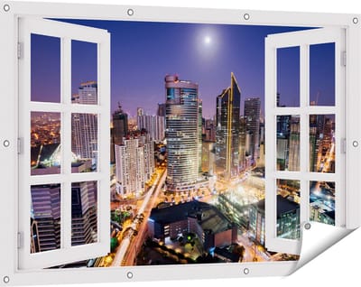 Gards Tuinposter Doorkijk Makati Stad Skyline in de Nacht in Thailand - 120x80 cm - Tuindoek - Tuindecoratie - Wanddecoratie buiten - Tuinschilderij