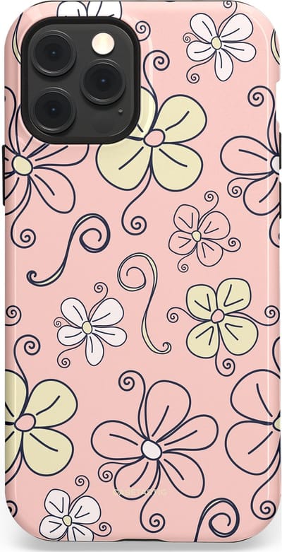 Casetastic hoesje geschikt voor Apple iPhone 12 / Apple iPhone 12 Pro - MagSafe - Dubbellaagse bescherming - Pastel Perzik Doodle Peach Bloemen - Fashion Case - Zand Zilver Lichtroze