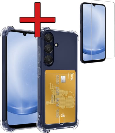 Hoesje - Geschikt voor Samsung Galaxy A25 - Met Screenprotector - Pashouder - Kaarthouder - Back Cover - Telefoon Hoes Shockproof - Siliconen Case - Shock Proof - Pasjes Houder - Telefoonhoes - Transparant