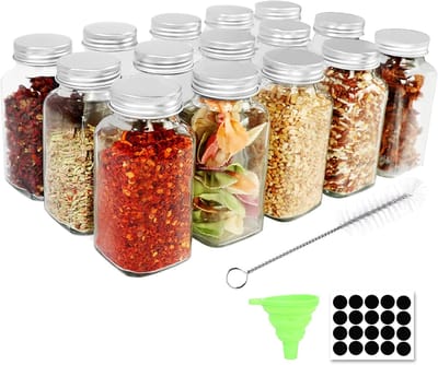 Famanu - Glazen kruidenpotten, 15 Pack vierkante kruidenflessen met schuddeksels en luchtdichte zilveren doppen voor keukenopslag & doe-het-zelf ambachten (20 stuks etiketten, 1 trechter en 1 borstel inbegrepen)