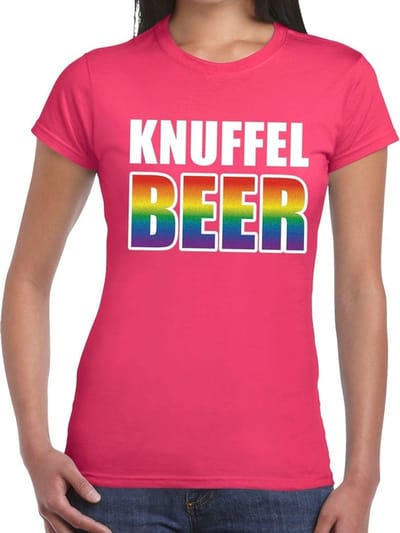 Gay pride knuffelbeer t-shirt - roze shirt met regenboog tekst voor dames - lgbt kleding S