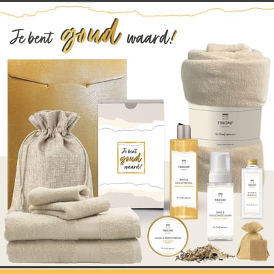 Geschenkset “Je Bent Goud Waard!” - 11 producten - 1660 gram | Triomf Original Geel - Giftset voor haar Cadeau Valentijnsdag Luxe wellness cadeaubox Vrouw Ik hou van jou Cadeaupakket Kerst Geschenk Moeder Verjaardag Gift Set Valentijn Vriendin Crème