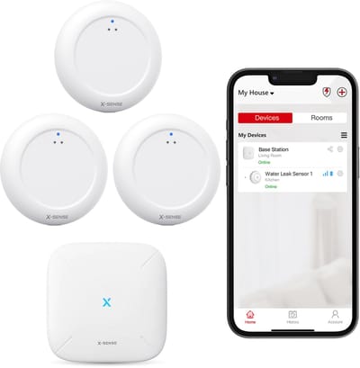 X-Sense SWS0A Slimme Watermelder bundel met WiFi - 3 stuks met Base Station - Werkt met app - Watersensor - Wateralarm - Waterlekkage detector - Waterdetector - Vochtmeter - Lekdetectie