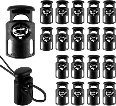 20 Stuks Zwarte Koordstopper - Ronde Plastic Slides voor Koordbevestiging en Klemmen met Dubbele Opening