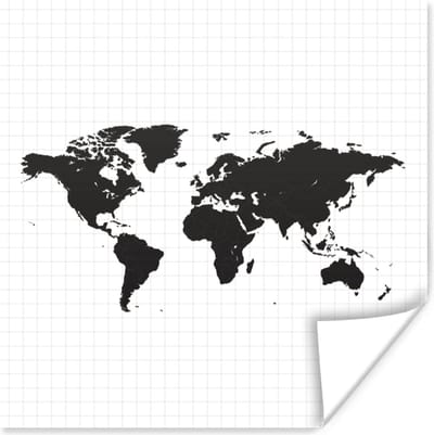 Poster 75x75 cm - Wereldkaart - Simpel - Zwart Wit - Posters - Kamer decoratie - Wanddecoratie woonkamer - Muurdecoratie slaapkamer