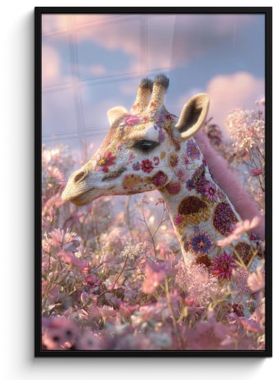 Poster in lijst - Fotolijst 80x120 cm - Posters - Giraffe - Bloemen - Roze - Posterlijst zwart - Decoratie - Wanddecoratie woonkamer - Muurdecoratie slaapkamer