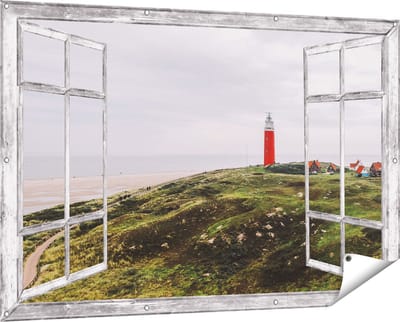 Gards Tuinposter Doorkijk Vuurtoren Texel - 150x100 cm - Tuindoek - Tuindecoratie - Wanddecoratie buiten - Tuinschilderij