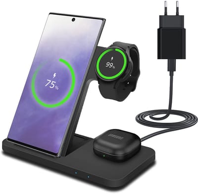 Draadloos Oplaadstation Geschikt voor Smartphone, Smart Watch en Oordopjes van MMOBIEL – 3-in-1 Draadloze Oplader 15W Geschikt voor MagSafe – Snellader - Inclusief 20W Adapter - Zwart