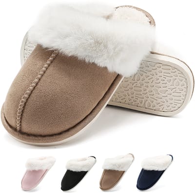 Geweo Dames Pantoffels - Heren Sloffen - Kastanje - Antislip- Bruin -Maat 42/43 -met Fleece & Geheugen Schoenzool