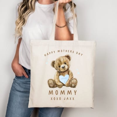 Moederdag cadeau tas - Fijne Moederdag mama ik hou van jou met - kindernaam/kindernamen - lichtblauw hartje