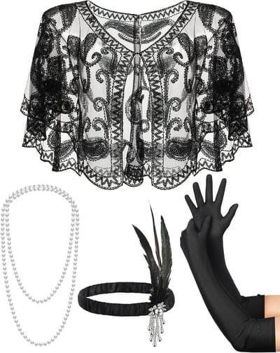Vrouwelijke 1920 Flapper Kostuum Accessoires Set met Sjaal, Veer Hoofddeksel, Parel Ketting en Lange Handschoenen voor Feestjes en Thema-avonden
