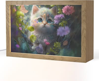 Nachtlampje 30x20 cm - Kinder lampje - Kitten - Bloemen - Bos - Illustratie - Poes - Tafellamp kinderkamer - Slaapkamer lamp - Bedlamp kinderen - Kinderlampje stopcontact - Wandlamp babykamer - Nachtlampjes