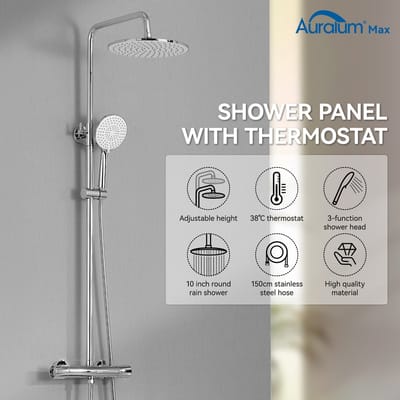 Auralum Max Regendouche met Thermostaatkraan - Doucheset Chroom - Ø 25 cm Regendouche - Handdouche met 3 standen - Verstelbare Hoogte 102-125 cm - Rond Design - Chroom