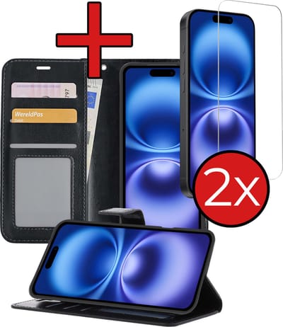 Hoesje - Met 2x Screenprotector - Geschikt voor Apple iPhone 16 - Luxe Pasjeshouder - Flip Case - Bookcase Portemonee - Kunstleer Book Case - Flipcase Hoes - Book Cover - Walletcase - Portemonneehoes - Telefoonhoes - Zwart