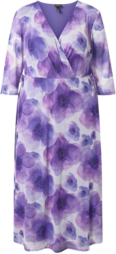 Ulla Popken - Dames - Maxi-jurk bloemen dubbellaags V-hals korte mouwen - Purper - Maat 42+