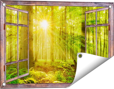 Gards Tuinposter Doorkijk Groen Bos met Schijnende Zonnestralen - 60x40 cm - Tuindoek - Tuindecoratie - Wanddecoratie buiten - Tuinschilderij
