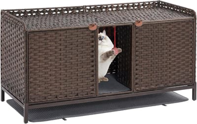 Rotan Kattenbakkast voor 2 Katten - Handgeweven Kattenbak Ombouw - Multifunctioneel Kattenmeubel & Bijzettafel met Metalen Poten - Inclusief Mat & S-Haken - Geurregulerend