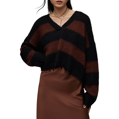 AllSaints Lou Crop V Neck Blk/chestnut Brown Size: XS | Knitted Sweaters Outlet | Dames | Bruin