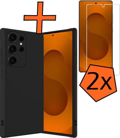 Hoes - Met 2x Screenprotector - Geschikt voor Samsung Galaxy S25 Ultra - Sterk & Shockproof - Back Cover - Siliconen Case - Telefoon Hoes - Zwart