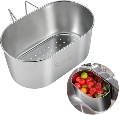 QTTVBTNA – 1 Stuk RVS Gootsteen Organizer met Zeef – Multifunctionele Afdruipmand & Afvoerzeef voor Spoelbak – Duurzaam RVS – Ruimtebesparend Keukencaddy voor Bestek, Spons, Groenten en Fruit – Ideaal voor Keuken en Dagelijks Gebruik – Zilver
