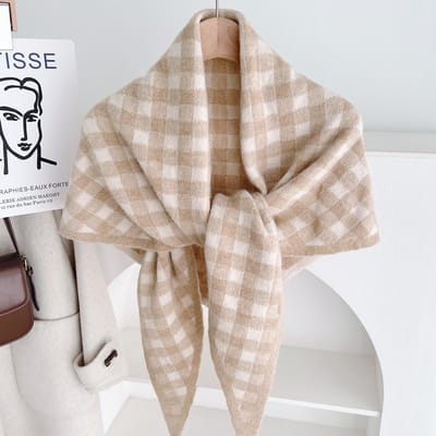 Écharpe en Laine Tricotée Britannique pour Femme Grande Taille Châle Triangle Design Triangle à Carreaux Châle Doux Coupe-vent d'Extérieur Cadeau de Noël beige