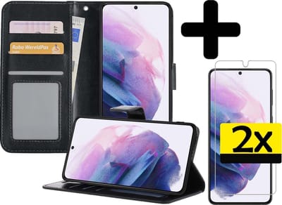 Hoesje - Met 2x Screenprotector - Geschikt voor Samsung Galaxy S21 - Luxe Pasjeshouder - Bookcase Portemonee - Flip Case - Kunstleer Book Case - Flipcase Hoes - Book Cover - Walletcase - Portemonneehoes - Telefoonhoesjes - Zwart