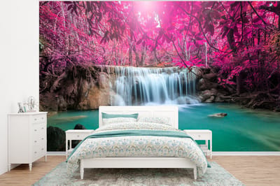 Behang - Fotobehang Waterval - Boom - Roze - Natuur - Breedte 375 cm x hoogte 280 cm