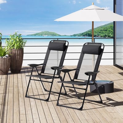 MEUNIQ Set van 2 inklapbare tuinstoelen met verstelbare rugleuning en armleuningen, 5 standen, staal, 62 x 70 x 109 cm, tot 120 kg, zwart voor tuin en balkon