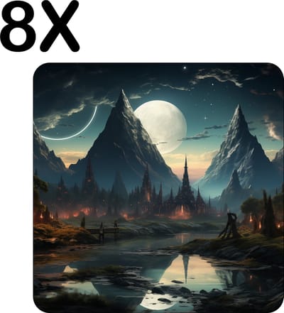 Luxe Placemat - Getekend - Nacht - Puntige Stad - Maan - Bergen - Set van 8 Placemats - 50x50 cm - 2 mm dik Vinyl - Anti Slip - Afneembaar
