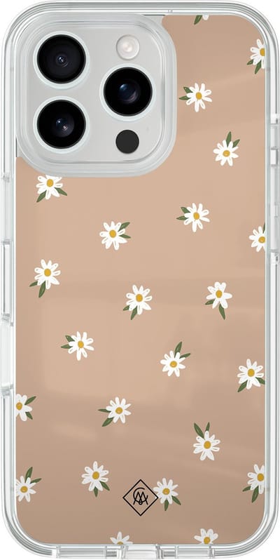 Casimoda® hoesje - Geschikt voor iPhone 16 Pro Max - Sweet Daisies - 2-in-1 case - Schokbestendig - Bloemen - Verhoogde randen - Bruin/beige, Transparant
