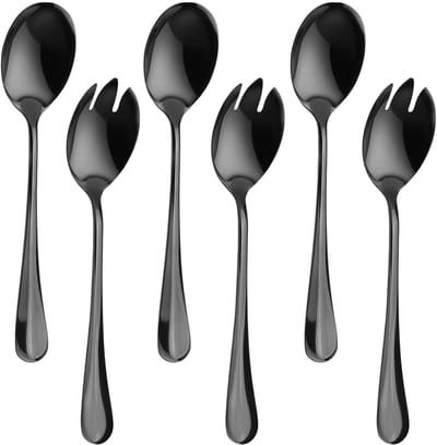 Dailygoods- Saladebestek 6 Stuks - Roestvrij Staal - Vaatwasmachinebestendig - Slavork/Slalepel - Voorlegbestek - Anti-aanbakwerking - Voor Dessert - Serveerbestek