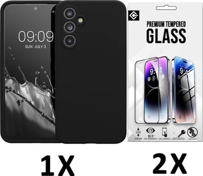 Casemania Hoesje + Glas Geschikt voor Samsung Galaxy A16 - Zwart - Siliconen Back Cover - 2x Glazen Screenprotector
