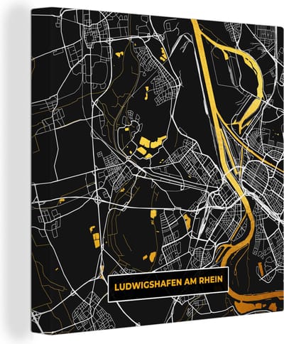 Canvas Schilderij Ludwigshafen Am Rhein - Goud - Plattegrond - Kaart - Stadskaart - Duitsland - 20x20 cm - Wanddecoratie
