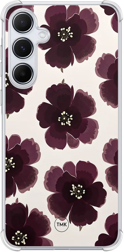 Shockproof hoesje geschikt voor Samsung Galaxy A55 - Burgundy flowers - Schokbestendig - Verhoogde randen - TPU case - Extra Sterke Back Cover - Bloemen - Transparant, Rood