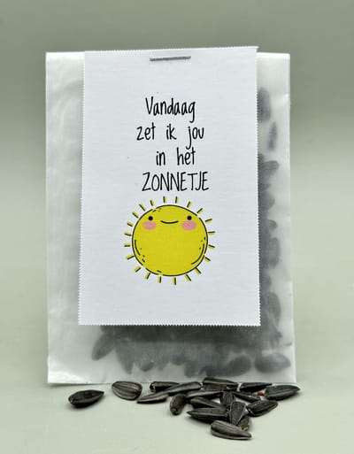 10 stuks Vandaag zet ik jou in het zonnetje, zonnebloemen, klein kadootje, uitdeel, green gift, attentie, zon,bedankje, zomaar, zaden, bloemen, bloemenzaden, eigen tekst mogelijk, collega,