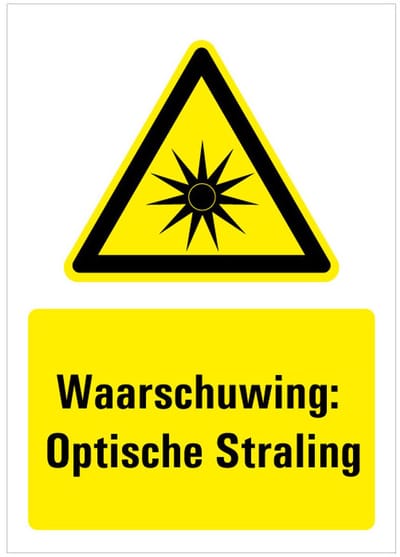 Bord met tekst waarschuwing optische straling - kunststof - W027 148 x 210 mm