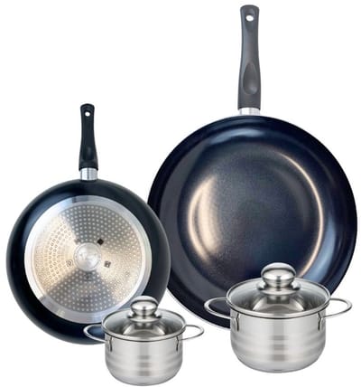 Set van 2 Koekenpannen 24 en 32 cm en 2 kookpotten 14 en 16 cm Elo Prima Glanzend