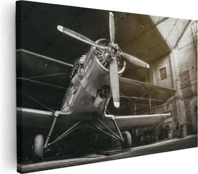Artaza Canvas Schilderij Propellervliegtuig - 30x20 cm - Klein - Muurdecoratie Retro - Wanddecoratie Hangar - Kamer Accessoires Zwart Wit