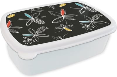 Broodtrommel Wit - Lunchbox - Brooddoos - Bloemen - Line Art - Patronen - 18x12x6 cm - Volwassenen
