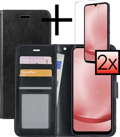 Hoesje - Met 2x Screenprotector - Geschikt voor Samsung Galaxy A25 - Luxe Pasjeshouder - Bookcase Portemonee - Flip Case - Kunstleer Book Case - Flipcase Hoes - Book Cover - Walletcase - Portemonneehoes - Zwart