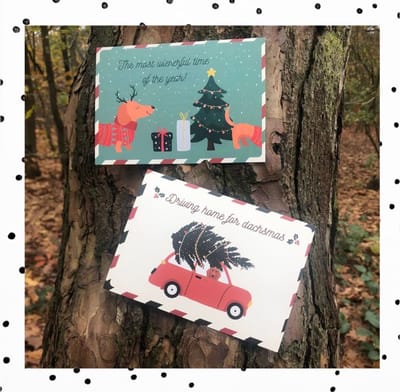 Teckel Kerstkaarten set van 10 (5x5) - Teckel Kaart Kerst - Merry Christmas - Happy Holidays