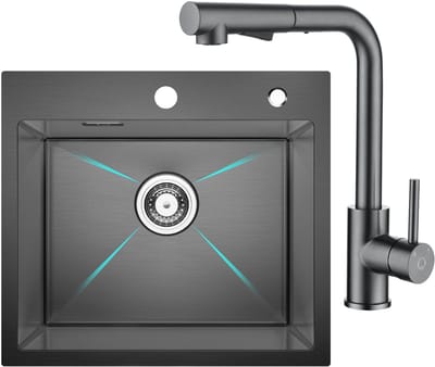 CECIPA max Spoelbak Antraciet 50x45CM - Spoelbakken met Kraangat - Spoelbak Keuken Met Keukenkraan Met Uittrekbare Uitloop - Spoelbakken Keuken - Wasbak Keuken - RVS