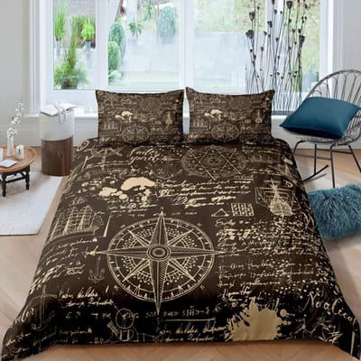 Nautische Dekbedovertrek Set Boot Piraat Beddengoed Set King Size Retro Zeilboot Bruin Dekbedovertrek Anker Kompas Vintage Quilt Set EU single(135x200cm)