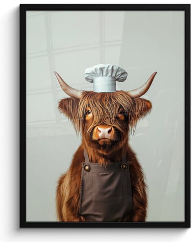 Poster in lijst - Fotolijst 50x70 cm - Posters - Schotse Hooglander - Bruin - Hoorns - Kokskleding - Posterlijst zwart - Decoratie - Wanddecoratie woonkamer - Muurdecoratie slaapkamer