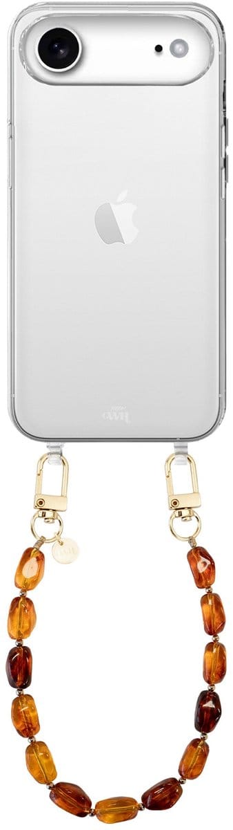 xoxo Wildhearts telefoonhoesje geschikt voor iPhone 17 Air - Honey Flame (kort koord) - siliconen hoesje met koord - Backcover met telefoonkoord - Telefoonhanger stenen ketting - Bruin / Oranje