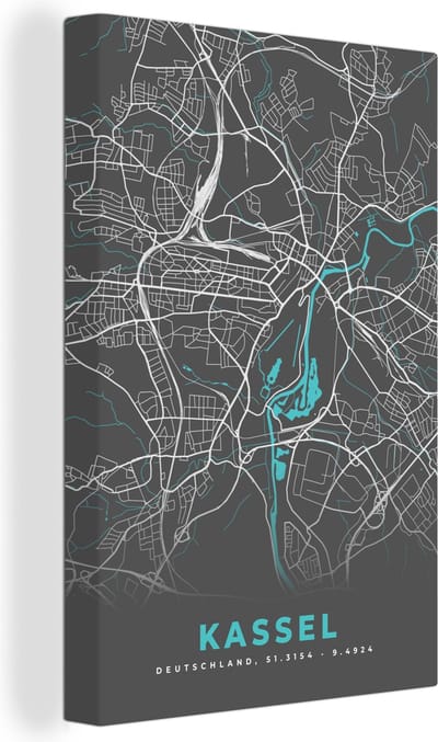 Canvas Schilderij Stadskaart – Kassel – Duitsland – Plattegrond – Kaart - 20x30 cm - Wanddecoratie