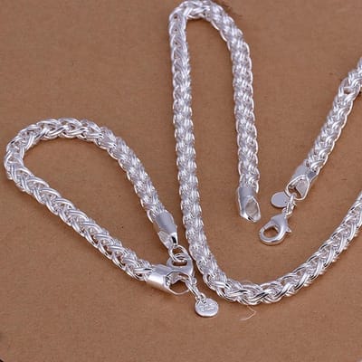 Mode Sieradenset Retro Exquisiet Mannen en Vrouwen 6mm Ketting Gedraaide Ketting Armband Bruiloft Nobele Gift zilver